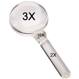 staoptics 3 in1 magnifying glass 3x 2x 10x transparent handheld magnifier for kids seniors reading small prints &low vision macular degeneration