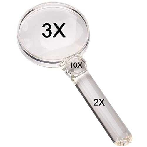 Staoptics 3 IN1 Magnifying Glass 3X 2X 10X Transparent Handheld Magnifier for Kids Seniors Reading Small Prints &Low Vision Macular Degeneration