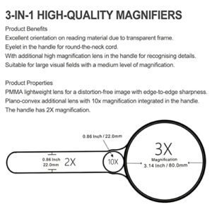 Staoptics 3 IN1 Magnifying Glass 3X 2X 10X Transparent Handheld Magnifier for Kids Seniors Reading Small Prints &Low Vision Macular Degeneration