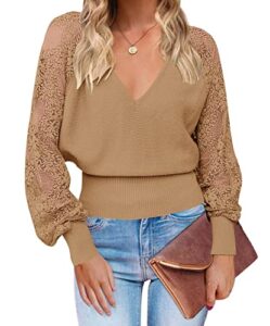 merokeety women's v neck lace long sleeve ribbed knit sweater solid color pullover tops