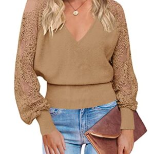 MEROKEETY Women's V Neck Lace Long Sleeve Ribbed Knit Sweater Solid Color Pullover Tops