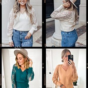 MEROKEETY Women's V Neck Lace Long Sleeve Ribbed Knit Sweater Solid Color Pullover Tops