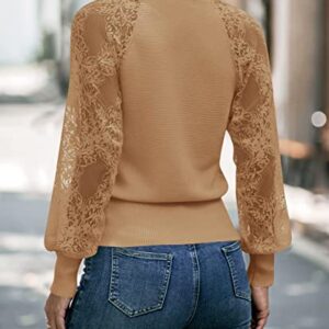 MEROKEETY Women's V Neck Lace Long Sleeve Ribbed Knit Sweater Solid Color Pullover Tops