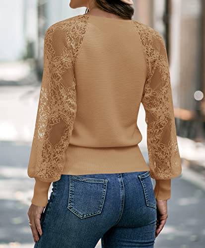 MEROKEETY Women's V Neck Lace Long Sleeve Ribbed Knit Sweater Solid Color Pullover Tops