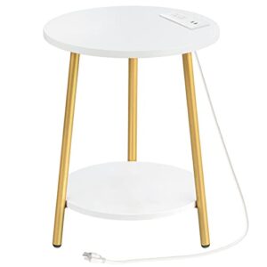 hoobro round end table with charging station, 2-tier small side table, circle accent table for living room, bedroom, white and gold dw671bz01