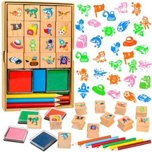 zayvor kids stamps set, boy wooden rubber stamp with ink pad colored pencil, holiday square craft stamp for stamping scrapbooking crafting booking card making stocking filler,party favor gift