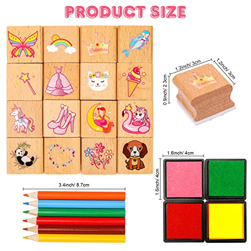 Zayvor Kids Stamps Set, Girls Wooden Rubber Stamp with Ink Pad Colored Pencil, Holiday Square Craft Stamp for Stamping Scrapbooking Crafting Booking Card Making Stocking Filler,Party Favor Gift