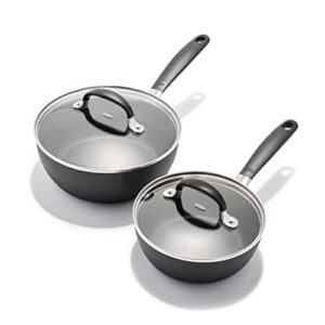oxo good grips 1qt and 2qt saucepan pot set with lids, 3-layered german engineered nonstick coating, stainless steel handles with nonslip silicone, black