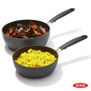 OXO Good Grips 1QT and 2QT Saucepan Pot Set with Lids, 3-Layered German Engineered Nonstick Coating, Stainless Steel Handles with Nonslip Silicone, Black