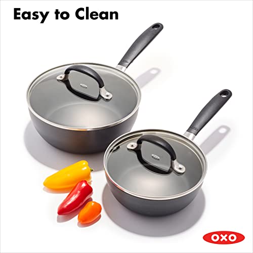 OXO Good Grips 1QT and 2QT Saucepan Pot Set with Lids, 3-Layered German Engineered Nonstick Coating, Stainless Steel Handles with Nonslip Silicone, Black