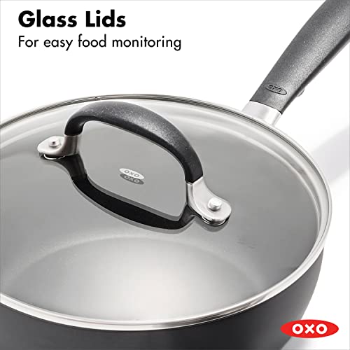 OXO Good Grips 1QT and 2QT Saucepan Pot Set with Lids, 3-Layered German Engineered Nonstick Coating, Stainless Steel Handles with Nonslip Silicone, Black