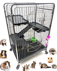 37-inch metal ferret chinchilla small animals hutch rolling cage guinea pig/kitten/rabbit pet with 2 front doors for indoor outdoor (blackvein, 37" solid plastic platfroms and ladders)