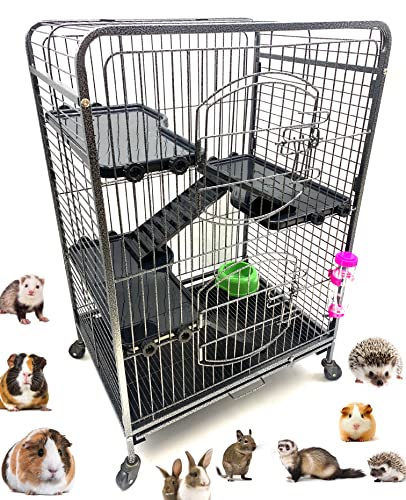 37-inch Metal Ferret Chinchilla Small Animals Hutch Rolling Cage Guinea Pig/Kitten/Rabbit Pet with 2 Front Doors for Indoor Outdoor (BlackVein, 37" Solid Plastic Platfroms and Ladders)