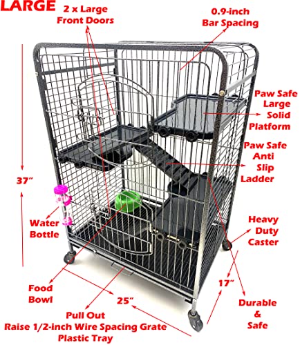 37-inch Metal Ferret Chinchilla Small Animals Hutch Rolling Cage Guinea Pig/Kitten/Rabbit Pet with 2 Front Doors for Indoor Outdoor (BlackVein, 37" Solid Plastic Platfroms and Ladders)