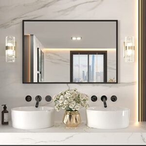 loaao 40"x32" black rectangle bathroom mirror wall, matte black aluminum alloy frame, tempered glass, hangs vertically or horizontally, easy to install