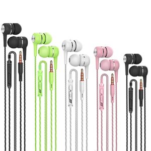 5 pack mic earbuds wired,3.5mm jack,noise cancelling in-ear headphones, powerful heavy bass,kids school earphones compatible with iphone5/6/6s, ipod, ipad, mp3, samsung