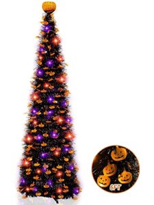 6 ft 60 led tinsel halloween tree decor with orange & purple lights timer black tinsel christmas tree bats battery operated pop up artificial tree indoor outdoor halloween decorations home party