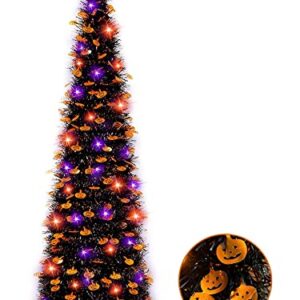 6 Ft 60 LED Tinsel Halloween Tree Decor with Orange & Purple Lights Timer Black Tinsel Christmas Tree Bats Battery Operated Pop Up Artificial Tree Indoor Outdoor Halloween Decorations Home Party