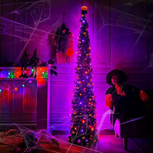 6 Ft 60 LED Tinsel Halloween Tree Decor with Orange & Purple Lights Timer Black Tinsel Christmas Tree Bats Battery Operated Pop Up Artificial Tree Indoor Outdoor Halloween Decorations Home Party