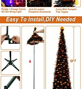 6 Ft 60 LED Tinsel Halloween Tree Decor with Orange & Purple Lights Timer Black Tinsel Christmas Tree Bats Battery Operated Pop Up Artificial Tree Indoor Outdoor Halloween Decorations Home Party