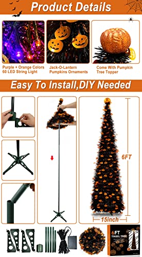 6 Ft 60 LED Tinsel Halloween Tree Decor with Orange & Purple Lights Timer Black Tinsel Christmas Tree Bats Battery Operated Pop Up Artificial Tree Indoor Outdoor Halloween Decorations Home Party