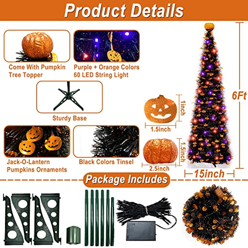 6 Ft 60 LED Tinsel Halloween Tree Decor with Orange & Purple Lights Timer Black Tinsel Christmas Tree Bats Battery Operated Pop Up Artificial Tree Indoor Outdoor Halloween Decorations Home Party