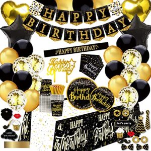 black and gold birthday party decorations - (total 169pcs) happy birthday supplies for women and men, balloons,tablecloth,foil backdrops,plates,cups,photo props,sash,tableware for 24 guests