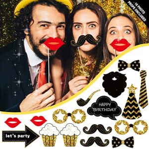 black and gold birthday party decorations - (Total 169pcs) happy birthday Supplies for women and men, Balloons,tablecloth,Foil Backdrops,Plates,Cups,Photo Props,Sash,Tableware for 24 Guests