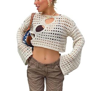 women's crochet knit crop top pullover sweater long sleeve hollow out square neck y2k shirt summer streetwear