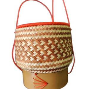 Bamboo Sticky Rice Serving Basket Handmade KRA-Tip Thai Laos Traditional Weave Wickerwork with Vegetable Based Dye Travel Picnic Keeping After Steaming Keep Warm, Multicolored, 5x3.5x5.2''