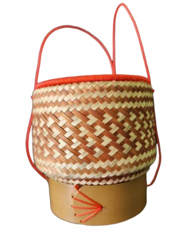 Bamboo Sticky Rice Serving Basket Handmade KRA-Tip Thai Laos Traditional Weave Wickerwork with Vegetable Based Dye Travel Picnic Keeping After Steaming Keep Warm, Multicolored, 5x3.5x5.2''