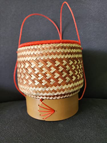 Bamboo Sticky Rice Serving Basket Handmade KRA-Tip Thai Laos Traditional Weave Wickerwork with Vegetable Based Dye Travel Picnic Keeping After Steaming Keep Warm, Multicolored, 5x3.5x5.2''