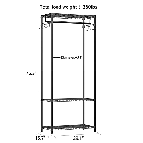 Xiofio 3 Tiers Heavy Duty Garment Rack, Metal Clothing Rack Coat Rack, Clothing Storage Organizer, Clothes Rack with 2 Side Hooks,Hanging Adjustable Garment Rack,29.1" L x 15.7" W x 76.3" H,Black