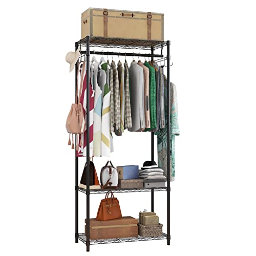 Xiofio 3 Tiers Heavy Duty Garment Rack, Metal Clothing Rack Coat Rack, Clothing Storage Organizer, Clothes Rack with 2 Side Hooks,Hanging Adjustable Garment Rack,29.1" L x 15.7" W x 76.3" H,Black