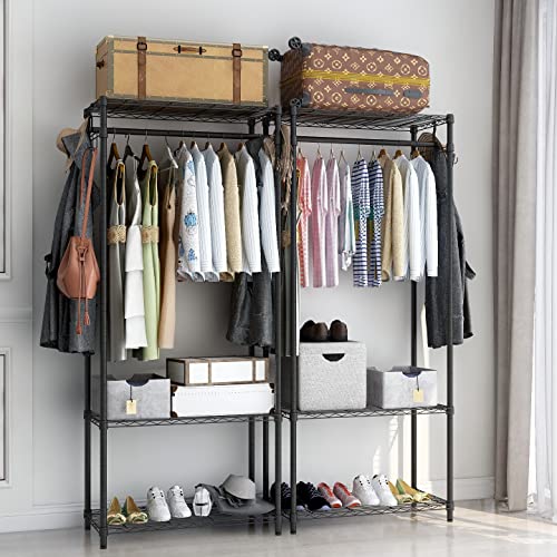 Xiofio 3 Tiers Heavy Duty Garment Rack, Metal Clothing Rack Coat Rack, Clothing Storage Organizer, Clothes Rack with 2 Side Hooks,Hanging Adjustable Garment Rack,29.1" L x 15.7" W x 76.3" H,Black