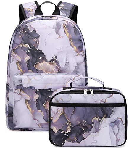 JIANYA Backpack for Teen Girls Boys School Backpack with Lunch Box Marble Kids Book Bag Schoolbag