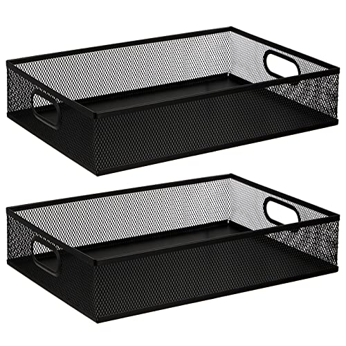 Elsjoy 2 Pack Desk Drawer Organizer Tray, Metal Mesh Desktop Storage Tray Office File Organizer with Handle, Portable Large Storage Basket for Office Supplies, Craft, Magazine, Paper