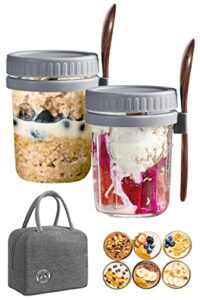 overnight oats containers with lids - 2pack updated design 10 oz wide mouth mason jar with spoon very convenient for use on the go, tight sealing glass jar ideal for home, office or to go