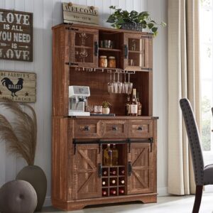 okd farmhouse bar cabinet with sliding barn door, 72" rustic buffet with hutch with wine and glasses rack, 3 drawers, storage shelves, sideboard cupboard for kitchen, dining room, reclaimed barnwood
