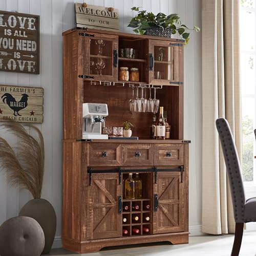 OKD Farmhouse Bar Cabinet with Sliding Barn Door, 72" Rustic Buffet with Hutch with Wine and Glasses Rack, 3 Drawers, Storage Shelves, Sideboard Cupboard for Kitchen, Dining Room, Reclaimed Barnwood