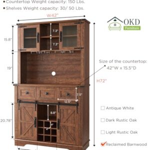 OKD Farmhouse Bar Cabinet with Sliding Barn Door, 72" Rustic Buffet with Hutch with Wine and Glasses Rack, 3 Drawers, Storage Shelves, Sideboard Cupboard for Kitchen, Dining Room, Reclaimed Barnwood