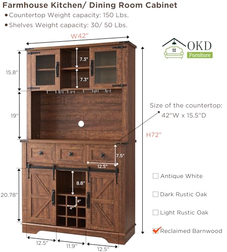 OKD Farmhouse Bar Cabinet with Sliding Barn Door, 72" Rustic Buffet with Hutch with Wine and Glasses Rack, 3 Drawers, Storage Shelves, Sideboard Cupboard for Kitchen, Dining Room, Reclaimed Barnwood