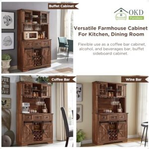 OKD Farmhouse Bar Cabinet with Sliding Barn Door, 72" Rustic Buffet with Hutch with Wine and Glasses Rack, 3 Drawers, Storage Shelves, Sideboard Cupboard for Kitchen, Dining Room, Reclaimed Barnwood