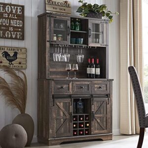 okd farmhouse bar cabinet with sliding barn door, 72" rustic buffet with hutch with wine and glasses rack, 3 drawers, storage shelves, sideboard cupboard for kitchen, dining room, dark rustic oak