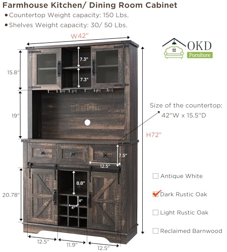 OKD Farmhouse Bar Cabinet with Sliding Barn Door, 72" Rustic Buffet with Hutch with Wine and Glasses Rack, 3 Drawers, Storage Shelves, Sideboard Cupboard for Kitchen, Dining Room, Dark Rustic Oak