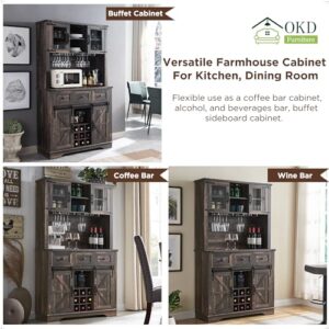 OKD Farmhouse Bar Cabinet with Sliding Barn Door, 72" Rustic Buffet with Hutch with Wine and Glasses Rack, 3 Drawers, Storage Shelves, Sideboard Cupboard for Kitchen, Dining Room, Dark Rustic Oak