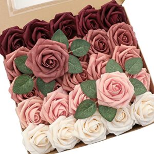floroom artificial flowers 25pcs real looking burgundy ombre colors foam fake roses with stems for diy red wedding bouquets bridal shower centerpieces floral arrangements party tables home decorations