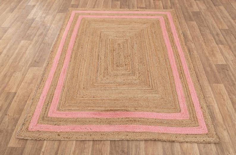 3x5 4x6 5x8 6x9 8x10 9x12 Ft. Indian Hand Braided Pink Stripes Jute Rectangle Handmade Rug Bohemian Jute Rug Round Jute Rug Office Sisal Rug (2x3 feet Jute Rug, Brown + Black Line)