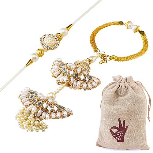 HATHKAAM Rakhi Lumba Set Designer Rakhi with Kundan Lumba for Brother Bhabhi Traditional Handmade Rakhi Lumba Set for Bhai Bhabhi Lumba Rakhi Set for Bhaiya Bhabhi Gift for Rakhsha Bandhan (HKRL017A)