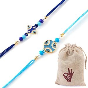 hathkaam set of 2 designer evil eye blue rakhi | traditional handmade rakhi for brother bhai | rakhi bracelet for bhaiya combo gift made with fine threads for rakhsha bandhan (hkr2006)